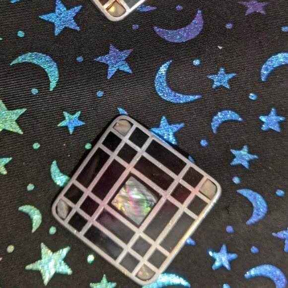 Vintage Black Square Mod Earrings With Mother Of Pearl Accents - Picture 2 of 5